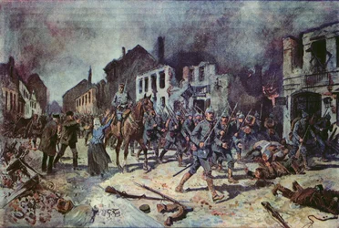 Duitse troepen betreden de stad Ortelsburg tijdens de slag bij Tannenberg, augustus 1914